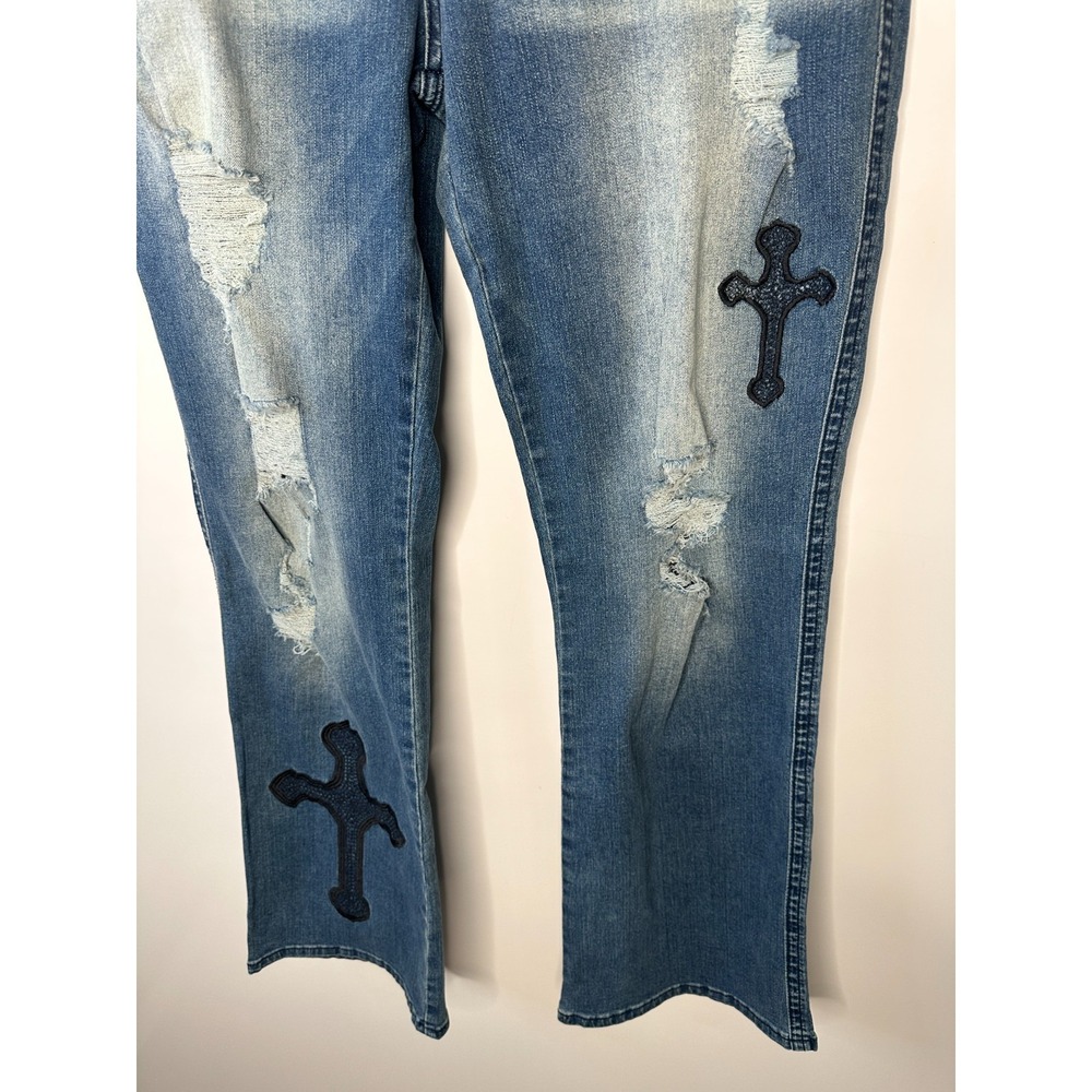 FLAMINGALS Cross Embroidery Ripped Double Button Mid Rise Bootcut Jeans 2XL - Picture 4 of 15
